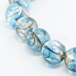 Handmade Silver Foil Glass Lampwork Round Beads Strands, with Gold Sand, Deep Sky Blue, 12mm, Hole: 2mm, about 23pcs/strand, 9.84 inch