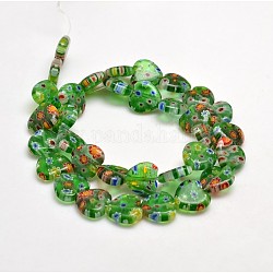 Millefiori mano fili perle cuore di vetro, verde lime, 12x12x3.5mm, Foro: 1 mm