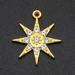 Pendenti strass in lega, stella ad otto punte, oro, cirstallo, 19.5x17x2mm, Foro: 1.2 mm