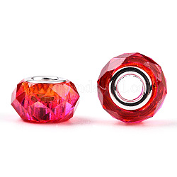 Transparenten Harz European Beads, Imitation Kristall, zweifarbige große Lochperlen, mit silberfarbenen Messingdoppeladern, facettiert, Rondell, cerise, 14x8.5 mm, Bohrung: 5 mm