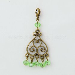Glass Pendant Decorations Backpack Charms, with Tibetan Style Chandelier Components and Alloy Lobster Claw Clasps, Light Green, 61mm