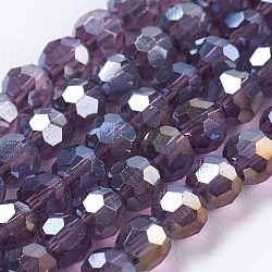 Faceted(32 Facets) Round Electroplate Glass Beads Strands, Dark Violet, about 3mm in diameter, hole: 1mm