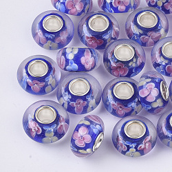 Perles européennes vernissées manuelles, fleur intérieure, Perles avec un grand trou   , avec noyaux simples en laiton plaqué couleur argent, rondelle, bleu, 14x7.5mm, Trou: 4mm
