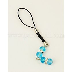 Glass Mobile Straps, with Middle East Rhinestone Beads and Nylon Cord, DeepSky Blue, 100mm