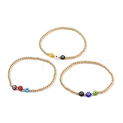 Bracelets élastiques, avec des perles rondes en laiton plaqué or et des perles rondes plates à la main à la main, couleur mixte, diamètre intérieur: 2-1/4 pouce (5.8 cm)