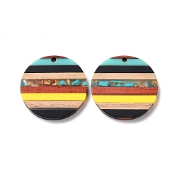 Transparent Resin & Walnut Wood Pendants, with Gold Foil, Flat Round Charm, Colorful, 30x3.5mm, Hole: 2mm