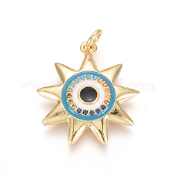 Golden Plated Brass Micro Pave Cubic Zirconia Pendants, with Enamel and Jump Rings, Sun with Evil Eye, Colorful, 21.5x19.5x3.5mm, Hole: 3.5mm