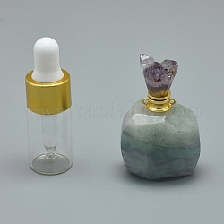 Natürliche, aus Fluorit zu öffnende Parfümflaschenanhänger, mit Messingfunden und Glasflaschen mit ätherischen Ölen, 39~50x26~29x16~21 mm, Bohrung: 1.2 mm, Fassungsvermögen der Glasflasche: 3 ml (0.101 fl. oz), Edelsteinkapazität: 1 ml (0.03 fl. oz)