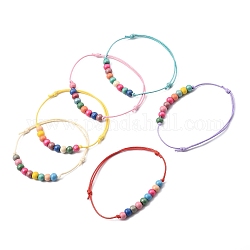 Bracelets réglables en corde de polyester ciré coréen, bracelets de perles, avec des perles de bois naturel peintes en arc-en-ciel, couleur mixte, diamètre intérieur: 1-7/8~3-1/2 pouce (4.9~8.9 cm)