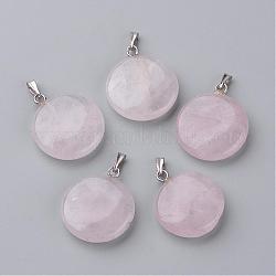 Colgantes naturales de cuarzo rosa, plano y redondo, Platino, 24x20~20.5x5~5.5mm, agujero: 2.5x5.5 mm