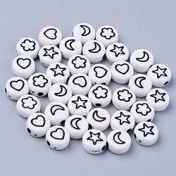 Perle acriliche bianche opache, tondo piatto con stella nera e cuore e luna e fiore, 7x3.5mm, Foro: 1.5 mm, circa 3600~3700pcs/500g