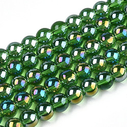 Гальванизируйте прозрачное стекло бисер нитей, с покрытием AB цвета, круглые, зелёные, 4~4.5 мм, отверстие : 0.8 мм, около 97~99 шт / нитка, 14.76 дюйм ~ 14.96 дюйма (37.5~38 см)