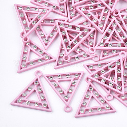 Colgantes de aleación pintados en spray, con diamante de imitación, triángulo, cristal, rosa perla, 23x22.5x2.5mm, agujero: 2 mm