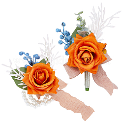 Craspire 2 Stück 2-Stil-Seidentuch und Kunststoff-Blumenimitat-Ansteckblume für Ansteckblume und Handgelenk-Ansteckblume, für die Hochzeit, Partydekorationen, dunkelorange, 47x123x145 mm, 1pc / style