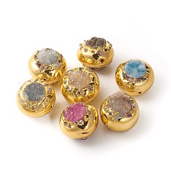 Perles de cristal de quartz druzy naturel, avec les accessoires en laiton, plat rond, couleur mixte, 22.5x19.1mm, Trou: 1.2mm