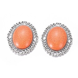 Resin Cabochons, with Tibetan Style Antique Silver Plated Alloy Findings, Oval, Dark Orange, 56x47x10mm