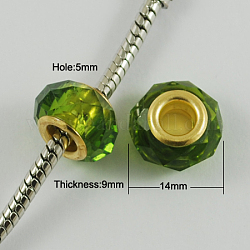 Glass European Beads, with Golden Plated Brass Double Cores, Faceted, Rondelle, Olive Drab, 14x9mm, Hole: 5mm