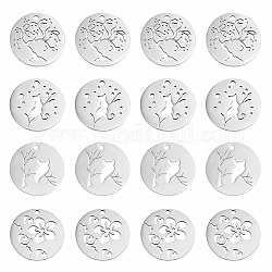 DICOSMETIC 24Pcs 4 Style Stainless Steel Flat Round Pendants 1.5mm Hole Hollow Cat/Flower/Cherry Tree/Owl Dangle Charms Scenery Animal Pendants for Jewelry Making