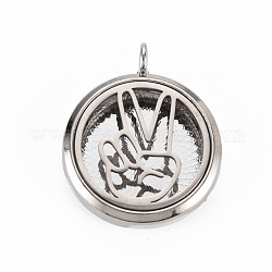 Alloy Diffuser Locket Pendants, with Stainless Steel Cover and Magnet, Magnetic, Cadmium Free & Nickel Free & Lead Free, Flat Round with Victory Gesture, Platinum, 36x30x6.5mm, Hole: 3.5mm, Inner Diameter: 23mm