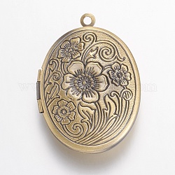 Pendentifs de médaillon en laiton, ovale avec des fleurs, bronze antique brossé, 33x23.5x7mm, Trou: 1.5mm