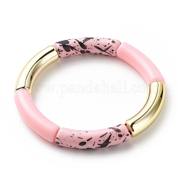 Bracelet extensible perlé tube incurvé acrylique pour femme, rose, diamètre intérieur: 2-1/8 pouce (5.3 cm)