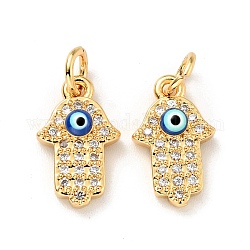 Eco-friendly Brass Micro Pave Clear Cubic Zirconia Pendants, with Enamel and Jump Ring, Cadmium Free & Lead Free, Hamsa Hand/Hand of Miriam with Evil Eye, Real 18K Gold Plated, 14x8.5x3mm, Hole: 3.2mm