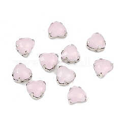 Heart Sew On Rhinestones, Faceted Taiwan Acrylic Rhinestone, Multi-Hole Strand Links, with Platinum Tone Brass Prong Settings, Pink, 8x8x4.5mm, Hole: 1mm