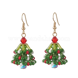 Weihnachtsthema-Ohrringe aus Glasperlen mit geflochtenem Baum, goldener Messingdrahtwickelschmuck für Frauen, grün, 48 mm, Stift: 0.7 mm