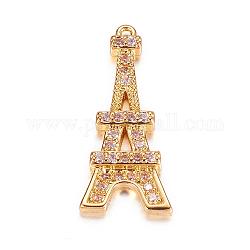 Ottone micro spianare pendenti zirconi, Torre Eiffel, oro, 20x9x2mm, Foro: 1 mm