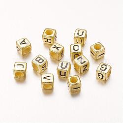 Perle cubo acrilico, foro orizzontale, oro, lettere misti, circa6 mm di diametro, Foro: 3 mm, circa 2500pcs/500g