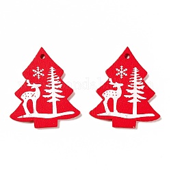 Spray Painted Wood Pendants, Christmas Tree with Elk Pattern, Red, 49x42x2mm, Hole: 3mm