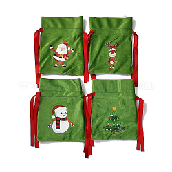 Bolsas de embalaje de terciopelo con tema navideño, bolsas de cordón, rectángulo con patrón de venado/papá noel/árbol de navidad/muñeco de nieve, verde oliva, 16.5x12.5 cm, 4 estilo, 1pc / estilo, 4 PC / sistema