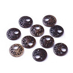 Flat Round with Butterfly Pattern Coconut Pendants, Coffee, 25x4mm, Hole: 1mm