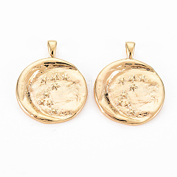 Brass Pendants, Nickel Free, Flat Round with Moon & Star, Real 18K Gold Plated, 22x17x2mm, Hole: 3x1.5mm