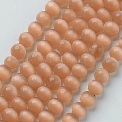 Perles d'oeil de chat, ronde, corail, 6mm, Trou: 1mm, Environ 66 pcs/chapelet, 15.5 pouce