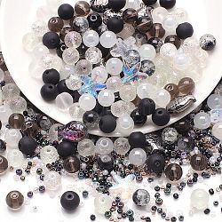 Abalorios de vidrio, redondo y estrella de mar y pescado y rondelle, estilo mezclado, negro, 2~14x2~10x1~8.5mm, agujero: 0.8~1.5 mm