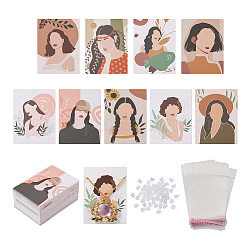 Fashewelry 90 Sheets 9 Styles Earring Display Cards, with 90Pcs Cellophane Bags and 200Pcs Plastic Ear Nuts, Girl Pattern, Card: 8x6x0.05cm, Hole: 1.6mm