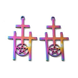 Ion Plating(IP) 304 Stainless Steel Pendant, Triple Cross with Star Charm, Rainbow Color, 30x18.5x1.5mm, Hole: 1.4mm