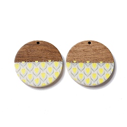 Opaque Resin & Walnut Wood Pendants, Flat Round Charms with Flower Pattern, Yellow, 35x4mm, Hole: 2mm