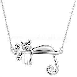 Collar con colgante de gato en rama de plata de ley chapada en rodio para mujer, Platino, 925 pulgada (15.35 cm)