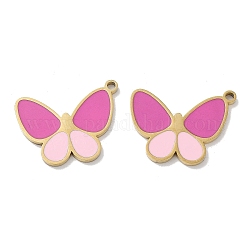 Ion Plating(IP) 304 Stainless Steel Pendants, with Enamel, Butterfly Charm, Golden, Hot Pink, 16.5x21x1.5mm, Hole: 1.6mm