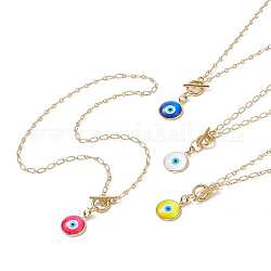 Flat Round Glass Evil Eye Pendant Necklaces, Golden Tone Brass Chain Necklaces for Women, Mixed Color, 17.72 inch(45cm)