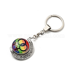 Брелок для ключей Pride Rainbow из сплава стекла, с брелоки железа, вращающийся, плоские круглые с луной, шаблон радуги, 10.45 см