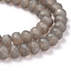 Pearl Luster Plated Faceted Rondelle Glass Beads Strands, Frosted, Gray, 10x8mm, Hole: 1.5mm, about 68pcs/strand, 19.2inch
