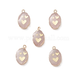Ciondoli quazo rosa naturale, charms ovali con bordo in ottone dorato, 22x13x3~5.5mm, Foro: 1.8 mm