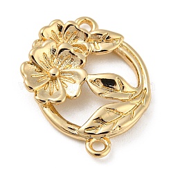 Dijes de conector de latón, anillo con flor y hoja, la luz de oro, 15.5x13x3mm, agujero: 1 mm