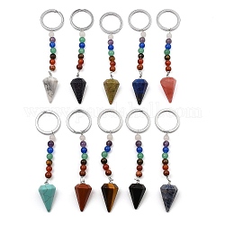 Porte-clés pendentif cône de pierres précieuses naturelles et synthétiques, avec 7 perles de pierres précieuses chakra et des accessoires en laiton ton platine, 108mm