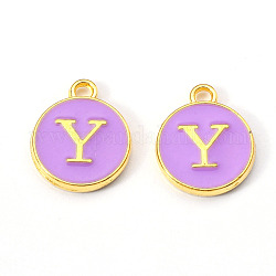 Golden Plated Alloy Enamel Charms, Enamelled Sequins, Flat Round with Letter, Medium Purple, Letter.Y, 14x12x2mm, Hole: 1.5mm