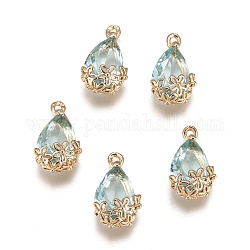 Transparent Glass Pendants, with Brass Findings, Faceted, teardrop, with Flower, Light Gold, Pale Turquoise, 16x9x6mm, Hole: 1.2mm