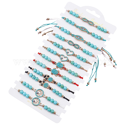 SUNNYCLUE 12pcs 6 Style Adjustable Handmade String Bracelets Pack Dyed Synthetic Turquoise Braided Bracelet for Women Stackable